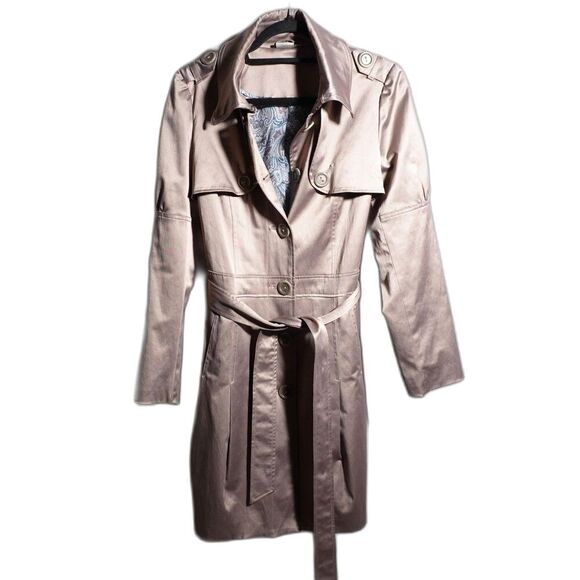 Georgiou Studio Tan Metallic Trench Coat Jacket Womens 8 Y2K Pockets Glam - Picture 1 of 9